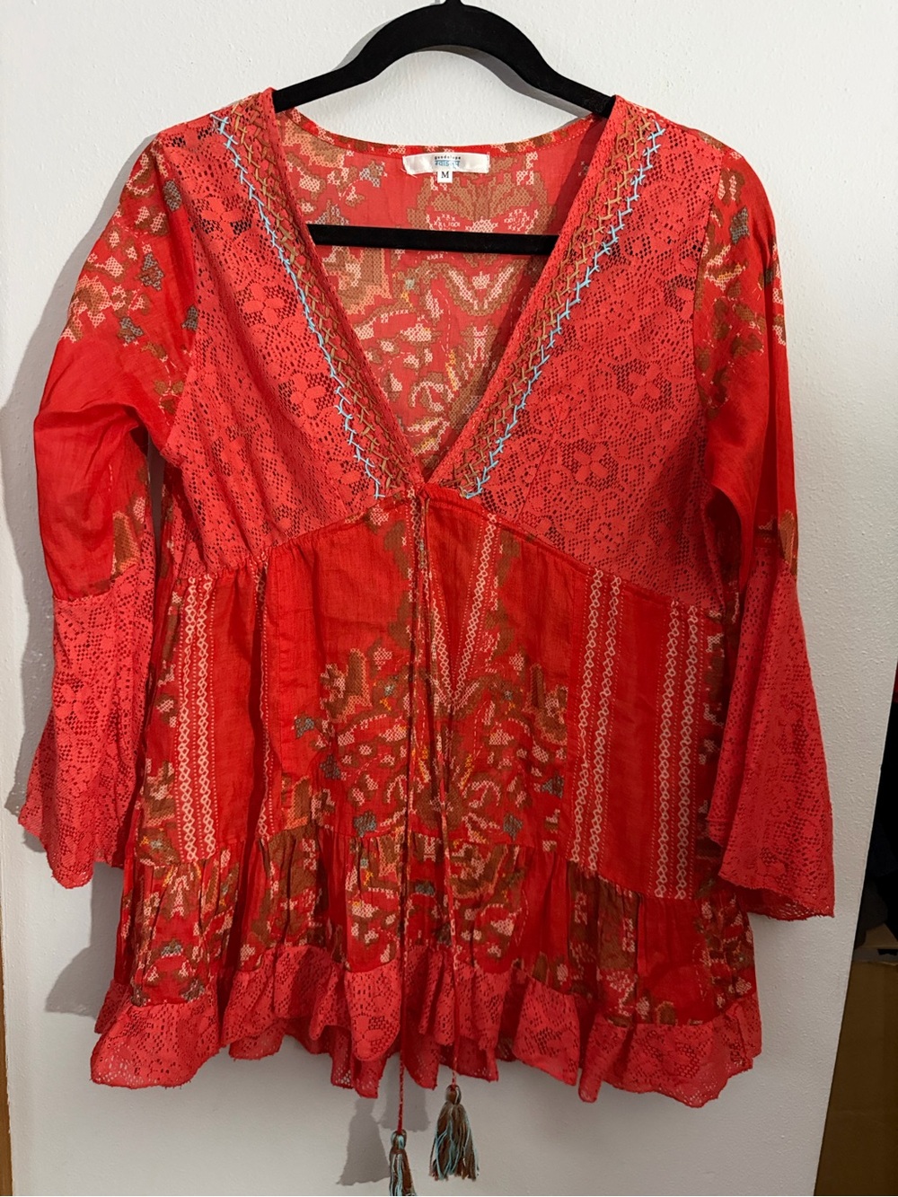 Red Boho V‑Neck Tunic Top with Tassel Tie